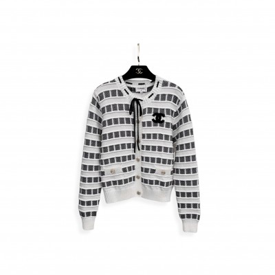 CHANEL WHITE STRIPED CARDIGAN 